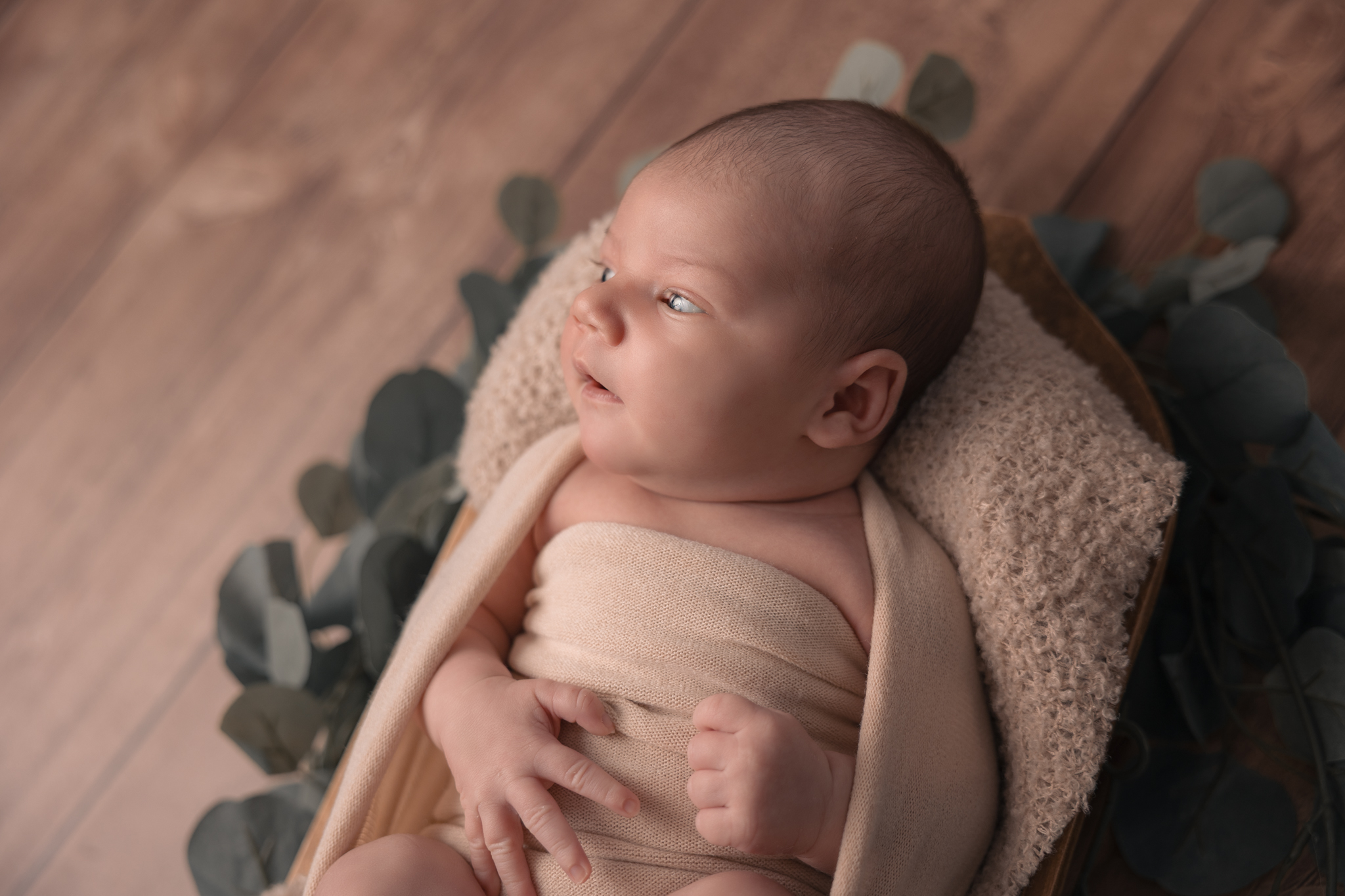 Photo d'un bébé lors d'une séance photo en studio dans un panier